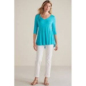 Soft Surroundings Turquoise V Neck 3/4 Sleeve Tunic Top Plus Size 1X